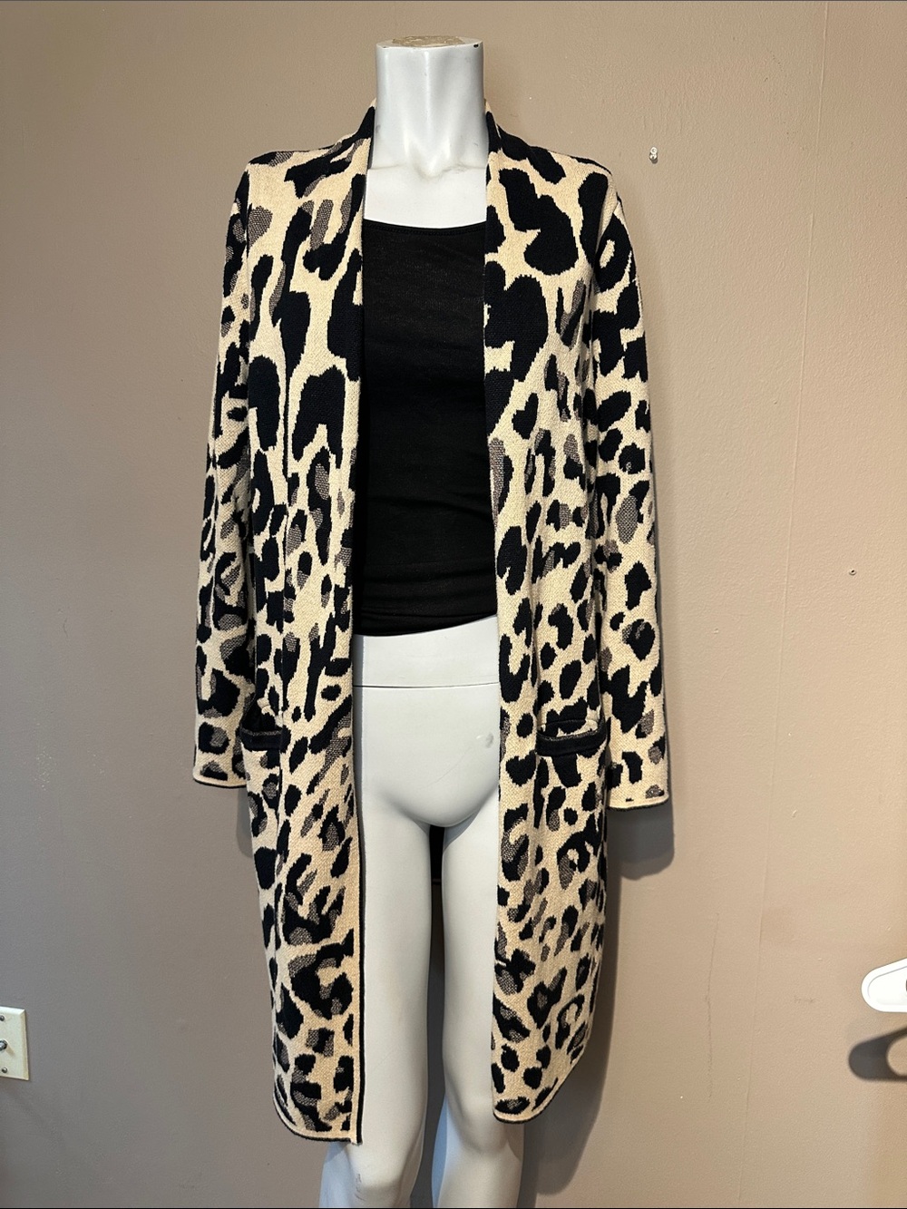 Chicos Leopard Print Open Front cozy Long Cardigan Sweater - Black and Cream